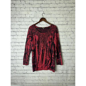 One World Women's Long Sleeve Top Red and Black Patterned